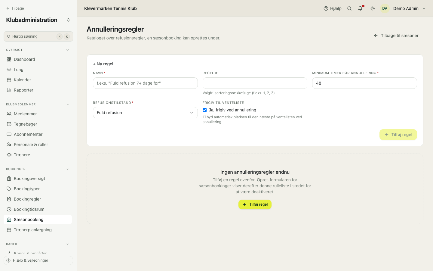 Afbudsregler for sæsonbookinger.