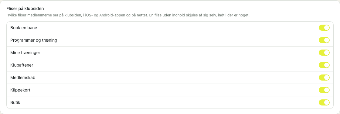 Fliserne på klubsiden i Indstillinger.