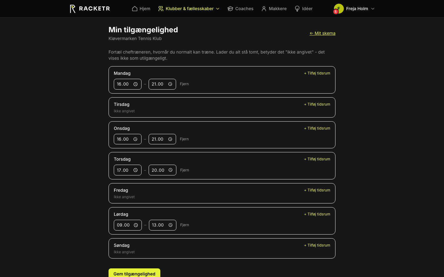 Trænerens tilgængelighed i appen.