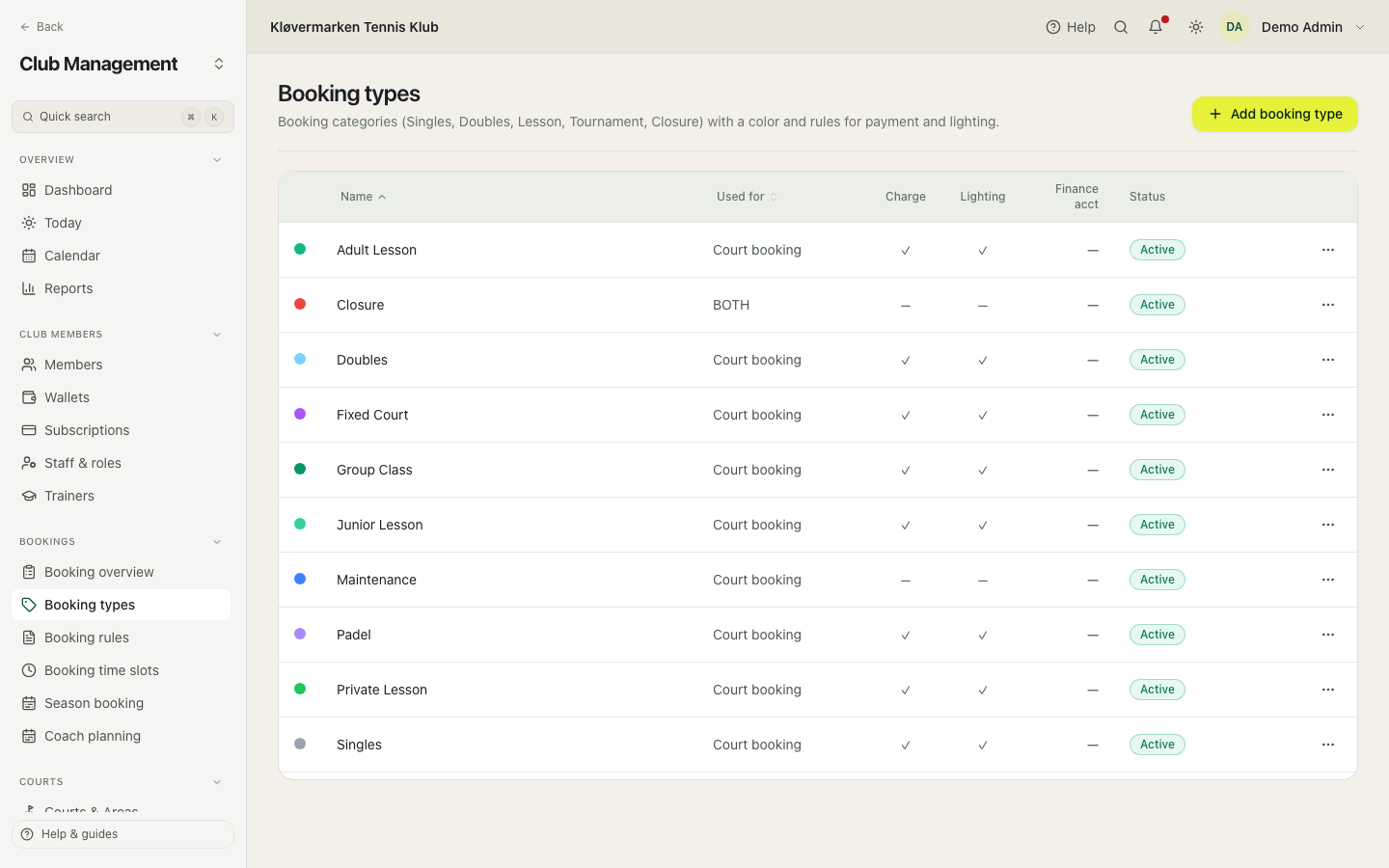 Booking types with colours.