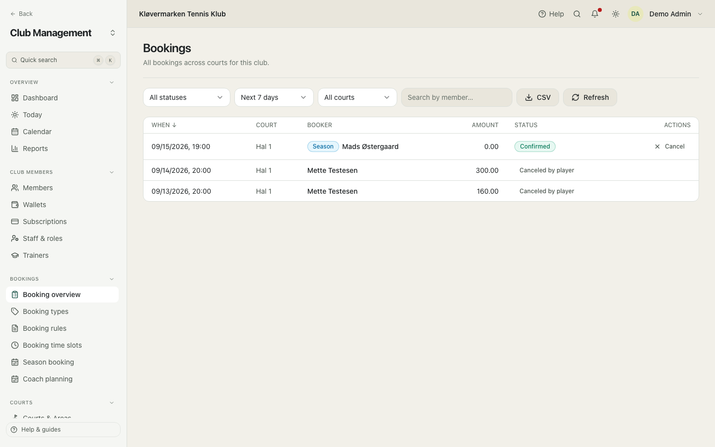 The booking list with filters.