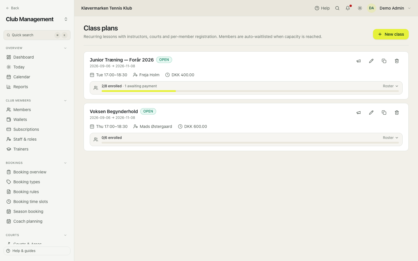 Class plans with schedule and registrations.