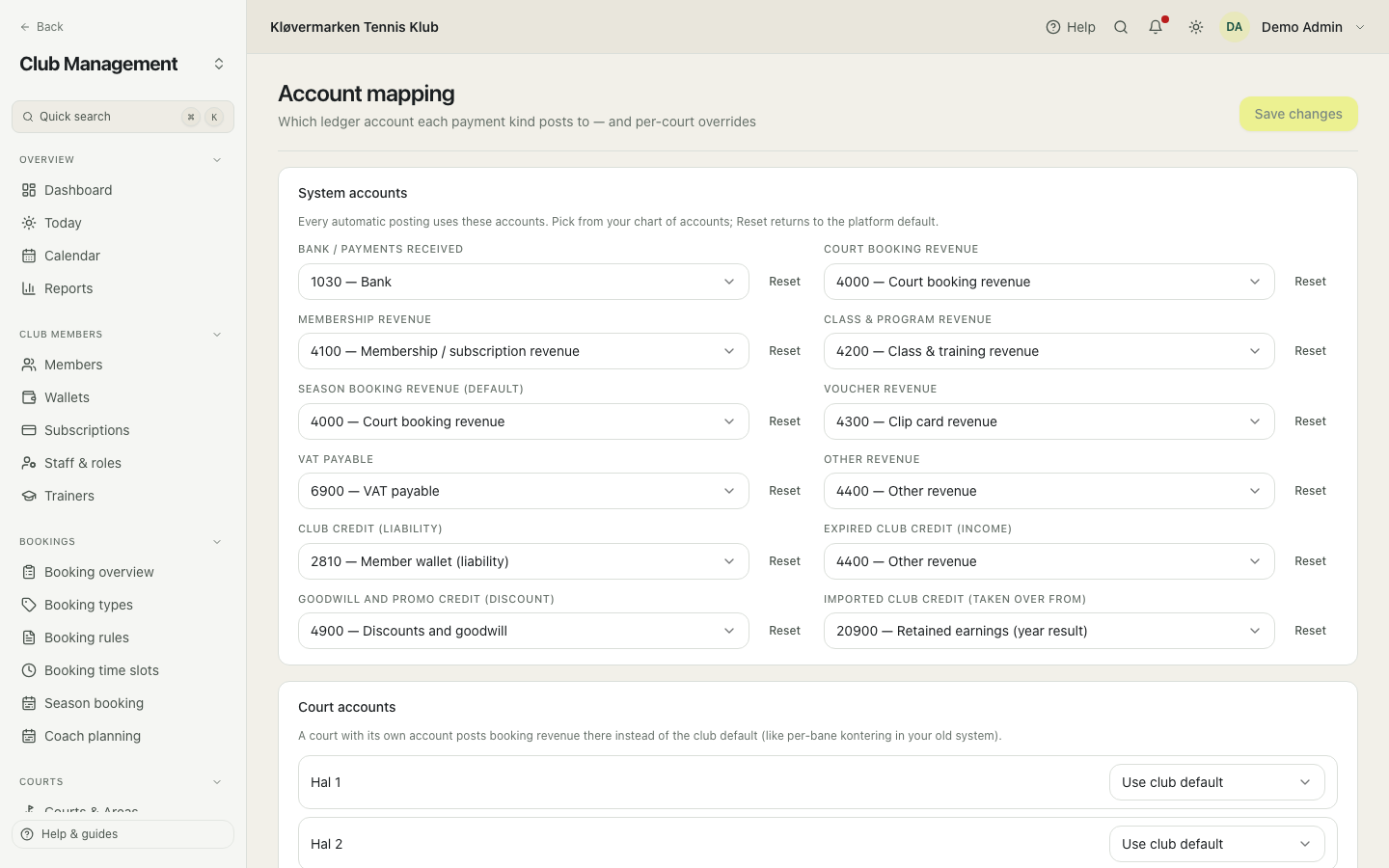 Account mapping for the automatic postings.