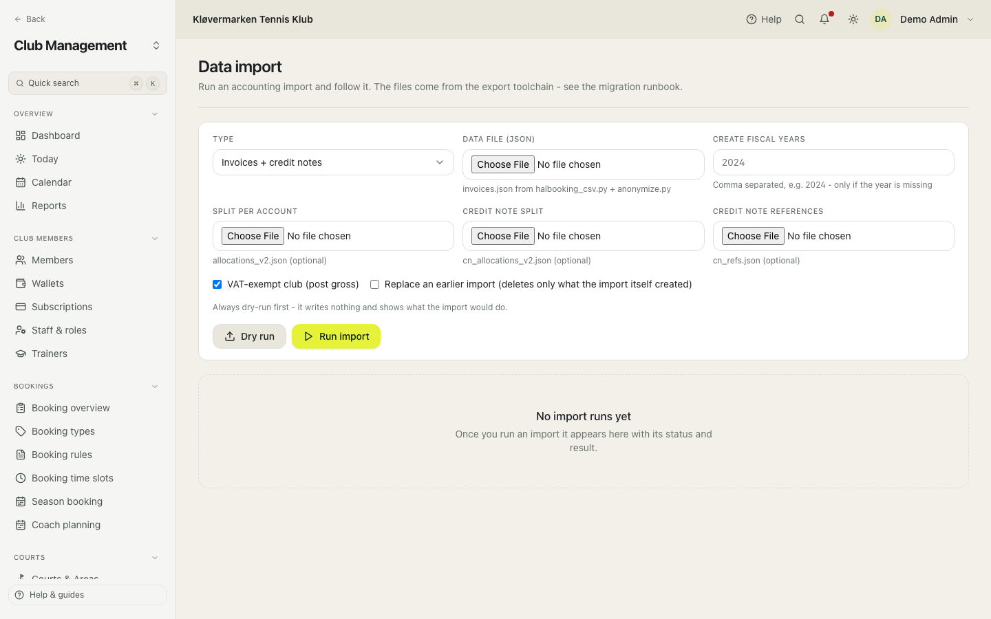 Data import with dry runs and results.