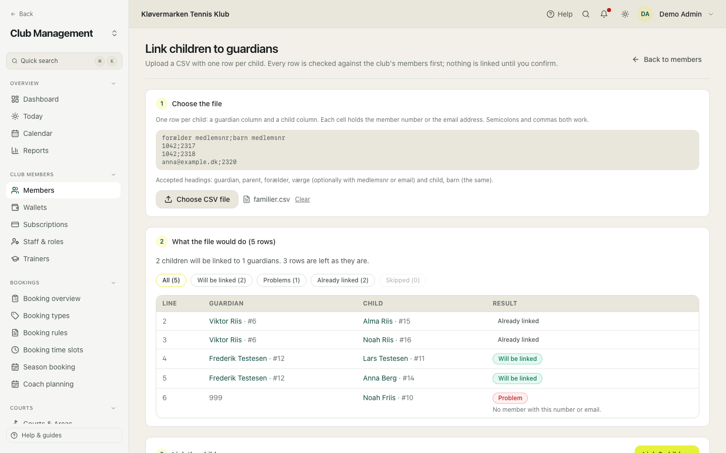Linking children to guardians from a CSV file.
