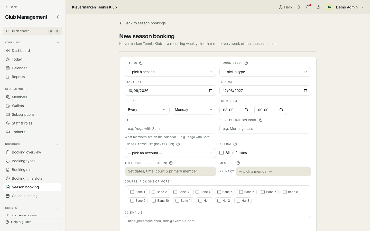 Creating a season booking.