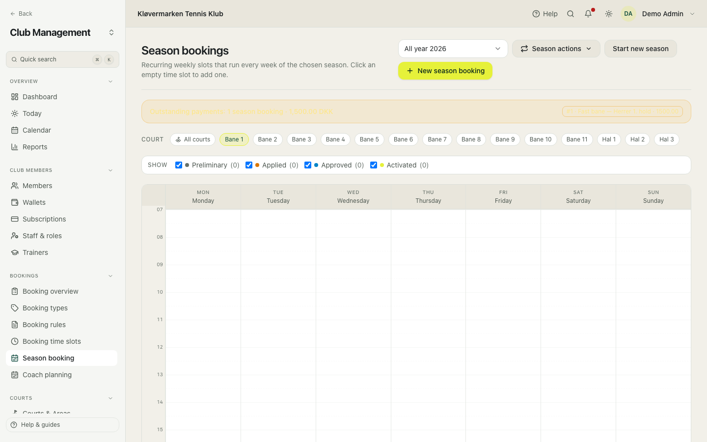The season booking list.