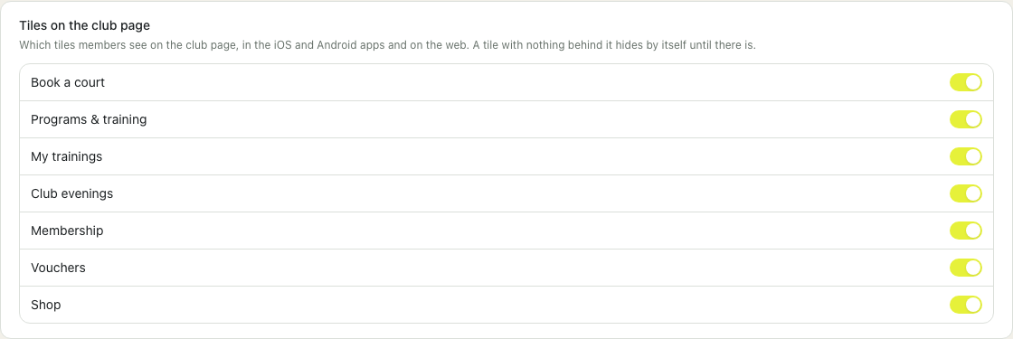 The club page tiles in Settings.