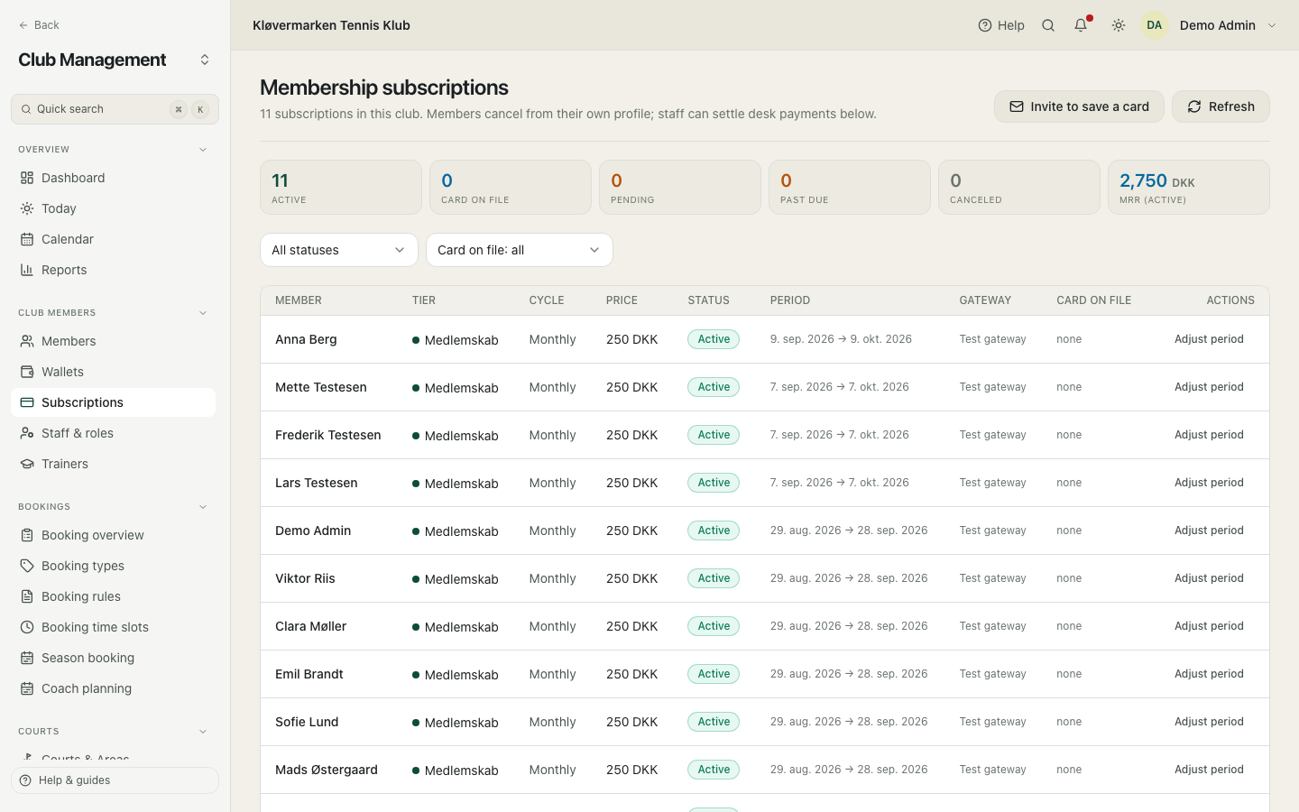 Subscriptions with status and period.