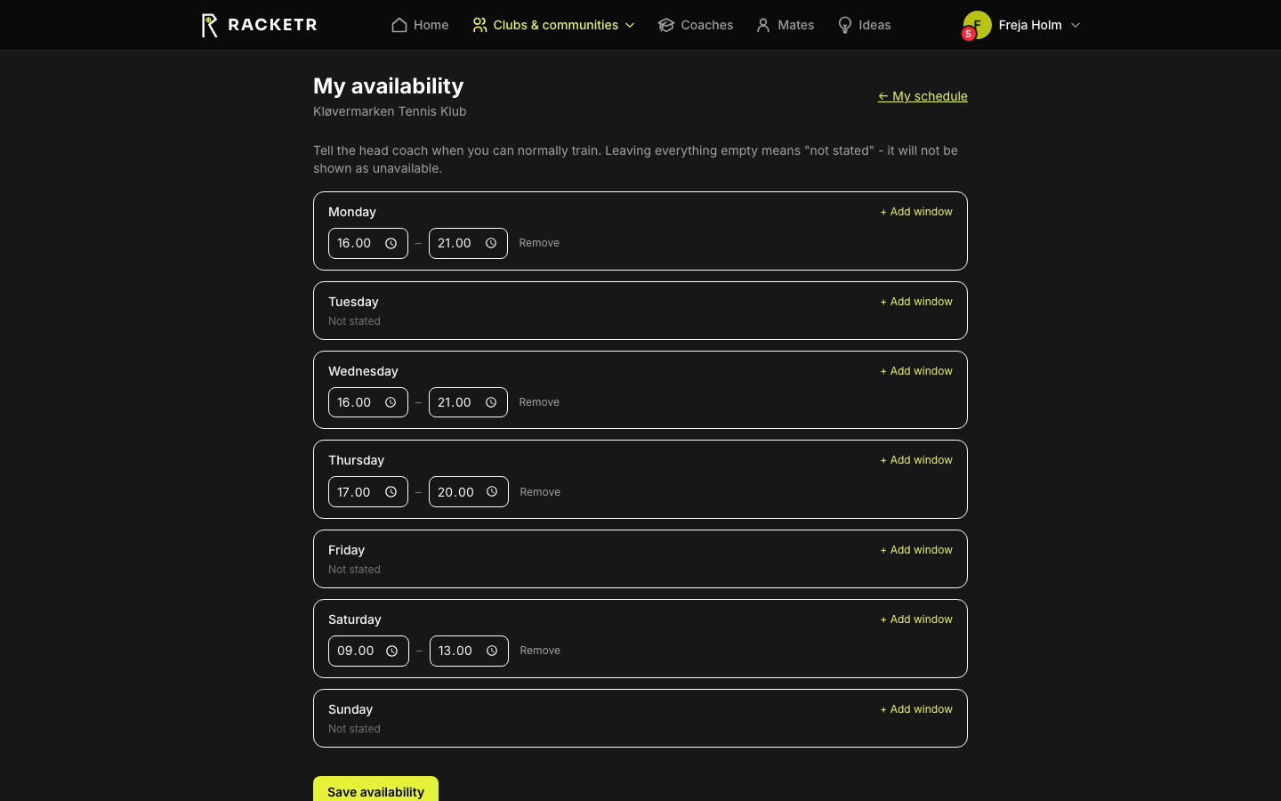 The coach's availability screen in the app.