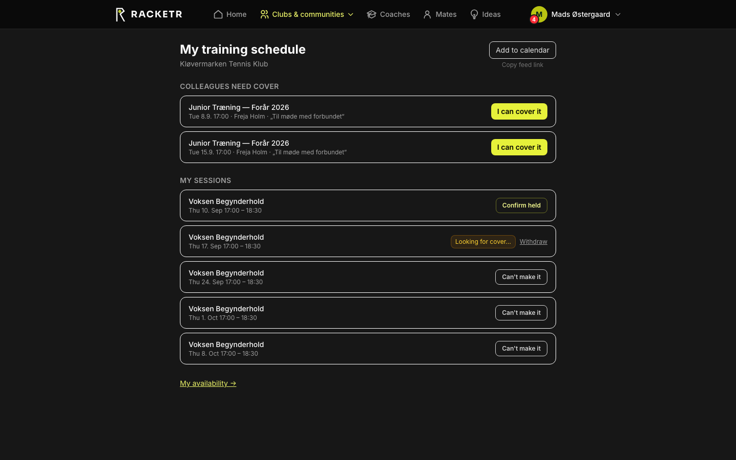The coach's schedule in the app.