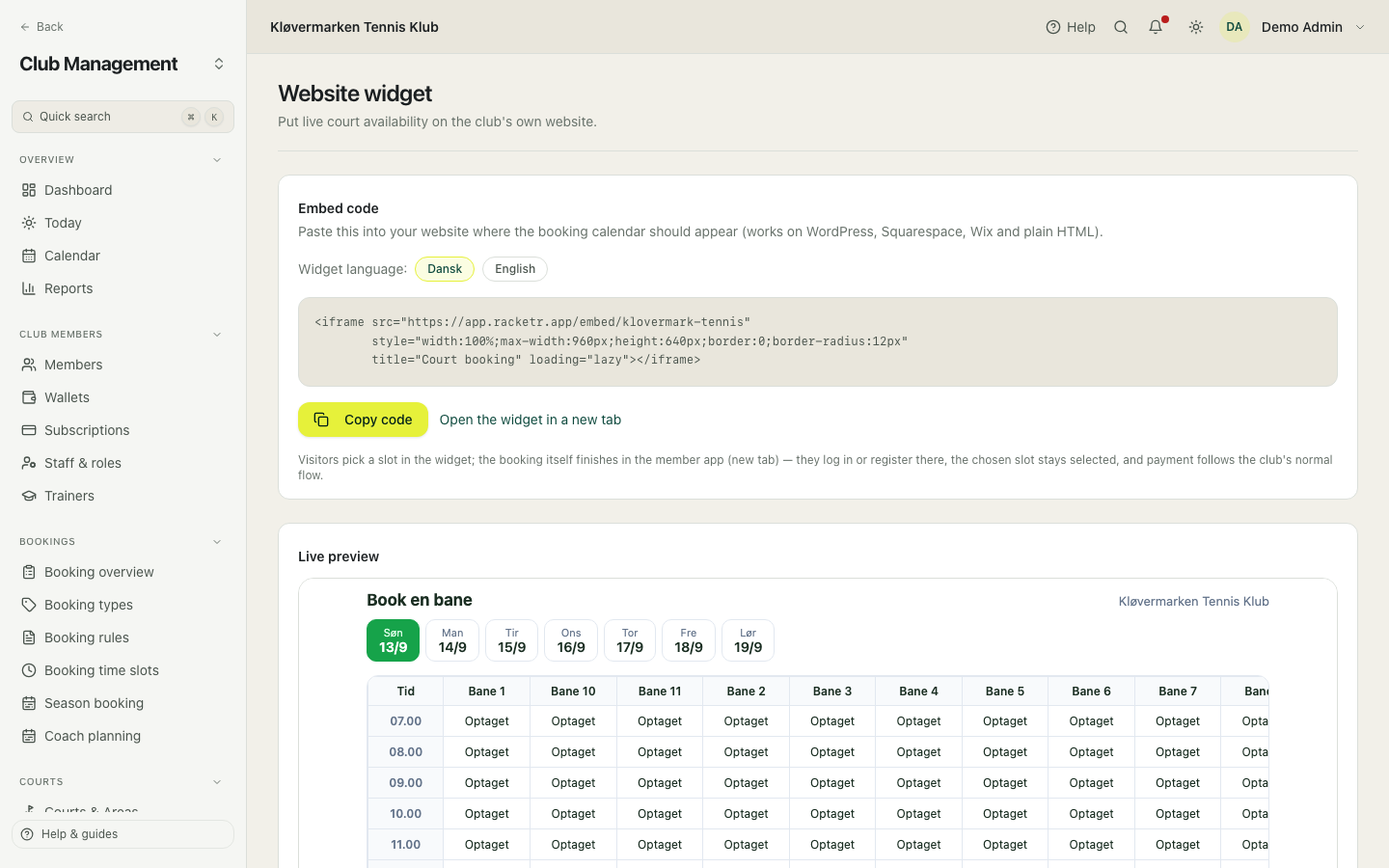 The website widget with its code snippet.